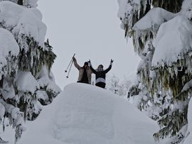 zwei Skifahrer halten auf einem Schneehügel die Hände in die Luft