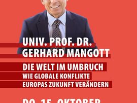 Plakat zum Vortrag „Die Welt im Umbruch“ am 15. Oktober um 18:30 Uhr im B4 Zirl mit Porträt und Veranstaltungsdetails.