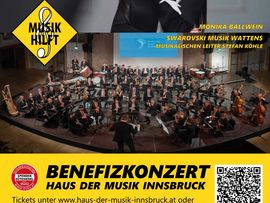 Plakat zum Benefizkonzert am 18. Oktober 2026 im Haus der Musik Innsbruck mit Porträt und großem Orchester auf der Bühne.