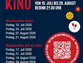 Werbeplakat für das „Sommerkino“ in Zell-Gerlos mit Veranstaltungsterminen, Uhrzeiten, QR-Code und bunten Symbolen für Film, Musik und Genuss auf dunkelblauem Hintergrund.