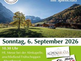 „Plakat zum Almkirchtag Eng Alm am Sonntag, 6. September 2026 mit Berglandschaft, Veranstaltungsprogramm und Hinweisen auf Frühschoppen mit Alpenbrass und den Zillertaler Spitzbuam.“