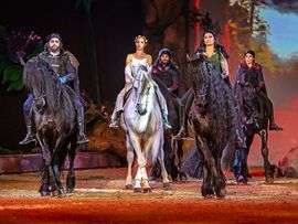Drei Personen auf Pferden die eine Choreografie reiten