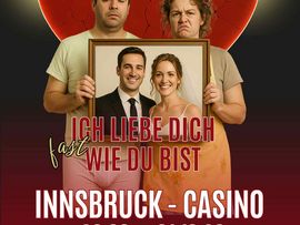 Werbeplakat für ein Musical-Dinner mit einem unzufriedenen Paar vor einem gebrochenen Herz und einem gerahmten Hochzeitsfoto.