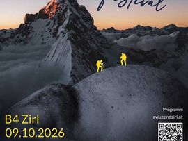 Plakat für das 23. Zirler Bergfilmfestival am 9. Oktober 2026 im B4 Zirl. Zu sehen ist eine verschneite Berglandschaft mit zwei gelb hervorgehobenen Bergsteigerfiguren auf einem Felsvorsprung. Einlass ist ab 18 Uhr. Unten sind Logos der Veranstalter, Partner und Unterstützer abgebildet.