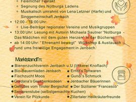 Programmübersicht des „Herbst.Genuss Marktes“ in Jenbach mit Informationen zu Musik, Lesung, Workshops, Marktständen und Kinderprogramm.