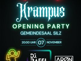 Plakat zur Krampus Opening Party des Krampusvereins Silz am 7. November im Gemeindesaal Silz.