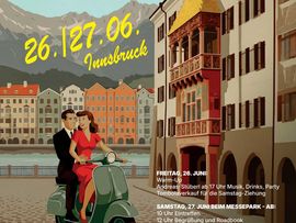 Flyer mit animierter Stadtansicht von Innsbruck und einem Pärchen auf einer Vespa