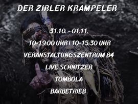 Header zur 2. Maskenausstellung der Zirler Krampeler vor dunkler Waldkulisse.