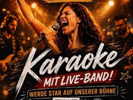 Veranstaltungsplakat für Karaoke mit Live-Band in der CoffeeBar Innsbruck mit Sänger, Bühnenbeleuchtung, QR-Code und Eventterminen.