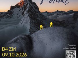 Plakat zum 23. Zirler Bergfilmfestival am 9. Oktober 2026 im B4 Zirl mit Bergmotiv und zwei Bergsteigenden.