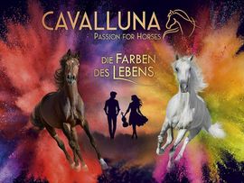 buntes Werbeplakat mit zwei Pferden und Schriftzug