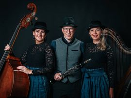 Drei Musiker:innen der Gruppe Die Hoameligen mit Kontrabass, Klarinette und Harfe vor dunklem Hintergrund.