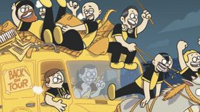 Illustration eines gelben Tour-Busses mit Musikern, die fröhlich darauf sitzen und musizieren, während zwei Pferde den Bus ziehen; darüber steht groß „Dubioza Kolektiv“.