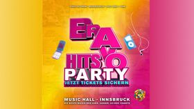 Buntes Party-Poster in Gelb-Pink: großer Schriftzug „Bravo Hits Party“, dazu Icons wie Handy, MP3-Player und Zauberwürfel; unten Ort „Music Hall Innsbruck“.