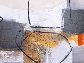 Abstraktes Gemälde mit überlagerten geometrischen Formen und schwarzen Linien in Weiß, Grau, Ocker und Orange.