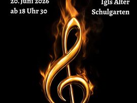 Werbegrafik und Plakat für ein Sonnwendfest in Igls mit flammender Violinschlüssel-Grafik, Veranstaltungsdaten sowie Hinweisen auf Musik, Kulinarik und Feuershow.