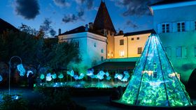 Gebäude mit bläulich beleuchtetem Garten abends
