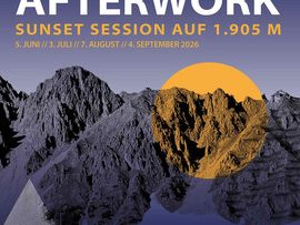 Werbeplakat für „Gruabn Afterwork“ mit Berglandschaft, Sonnenmotiv und Informationen zu Musik-, Wein- und Sunset-Event auf der Seegrube an der Nordkette.