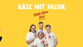 vier Bandmitglieder auf gelbem Werbeplakat