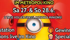 Werbegrafik für die „Minions Days“ im Metropolkino. Im Mittelpunkt steht eine gelbe Minion-Figur vor rotem Hintergrund. Beworben werden zwei Aktionstage mit Malstation, Gewinnspielen, Specials und Minions-Besuch im Kino.