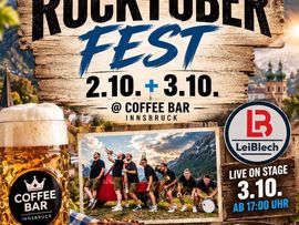 Veranstaltungsplakat für das Rocktober Fest in Innsbruck mit Bier, regionalen Speisen, Bergkulisse und Live-Band LeiBlech.