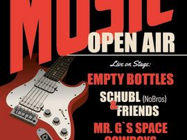 Plakat zum „Listen to the Music Open Air“ am 8. August 2026 in Natters mit einer E-Gitarre sowie den auftretenden Bands Empty Bottles, Schubl & Friends und Mr. G's Space Cowboys.