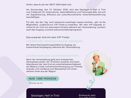 Einladung zum VIP-Abendprogramm der next:tirol am 15. Oktober 2026 mit Kabarett, Kulinarik und Networking.