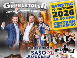 Plakat für den 14. Weerberger Knospenball am 10. Oktober 2026 im Centrum Weerberg. Angekündigt werden musikalische Unterhaltung mit den Grubertalern, Šašo Avsenik und seinen Oberkrainern sowie Brennholz die Band.