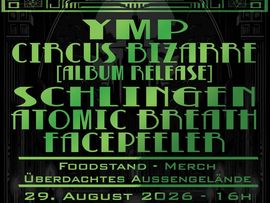 Plakat zum Hard Summer Night Festival am 29. August 2026 mit den Bands YMP, Circus Bizarre, Schlingen, Atomic Breath und Facepeller.