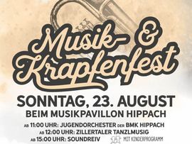 Plakat von Musik & Krapfenfest 2026, Sonntag am 23. August mit Bilder und Instrumenten geschmückt