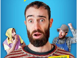 Plakat für das Live-Comedy-Programm „NA, NAAA!“ von Buono Memes mit einer überraschten Person im Mittelpunkt und humorvollen Figuren vor blauem Hintergrund.