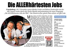 Zeitungsartikel über das Comedyprogramm „Die ALLERhärtesten Jobs der Welt“ mit einem Foto der beiden Künstler und einer Terminübersicht.