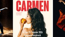 3 Bildausschnitte, Frau im Profil mit Apfel, Tänzer auf Bühne im Sprung