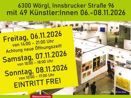 Plakat zur 4. Wörgler Kunstmesse in der Messehalle TRANSGOURMET in Wörgl. Die Kunstmesse findet vom 6. bis 8. November 2026 mit 49 Künstlerinnen und Künstlern statt. Angegeben sind die Öffnungszeiten sowie der Hinweis auf den freien Eintritt. Im unteren Bereich sind zahlreiche Sponsorenlogos abgebildet.