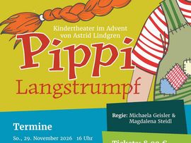 Plakat der Leobühne für das Kindertheaterstück „Pippi Langstrumpf“ mit einer Illustration von Pippi und Angaben zu Terminen und Kartenverkauf.