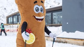 Braunes Maskottchen auf Skiern im Schigebiet